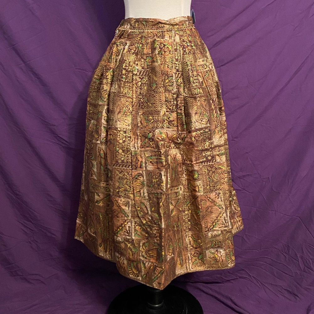 Vintage ‘50s Deadstock Hand-Painted Brown Patterned A-Line Skirt. Modern size 2.